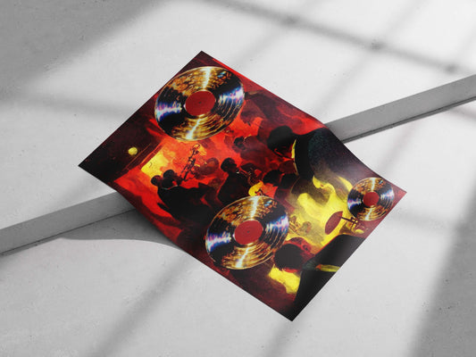 Vintage vinyl records (with red labels) superimposed over a live 1950s jazz band performance scene