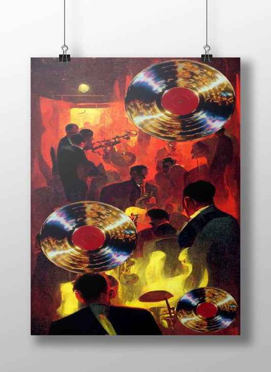 Vintage vinyl records (with red labels) superimposed over a live 1950s jazz band performance scene