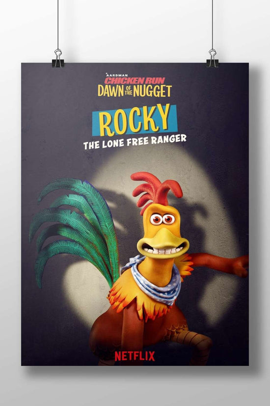 Rocky, the rooster character from Aardman Animations' "Chicken Run: Dawn of the Nugget" franchise Rocky