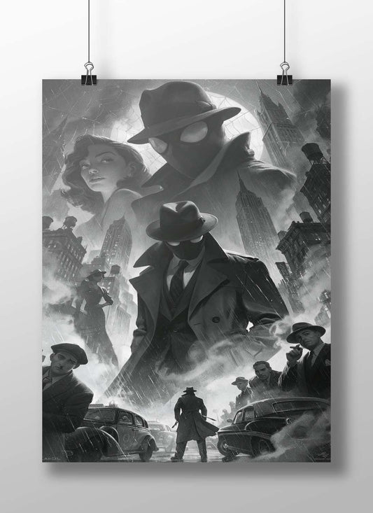 Awe (referenced by OCR) and a masked man in fedora within a vintage New York City skyline featuring police vehicles. Main