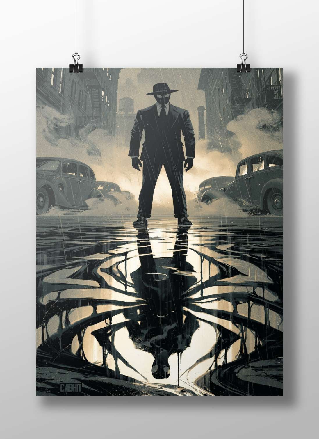 Masked Figure Noir (1940s–1950s aesthetic) Matte BoizzBoard rigid print — Art wall art India | PosterBoizz