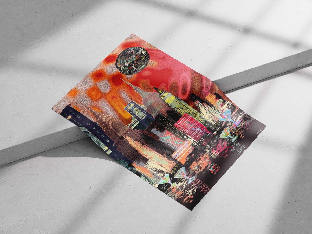 Saturday Night Fever Neon-Infused Disco Ball Skyscraper Poster – Nostalgic Digital Collage Wall Art