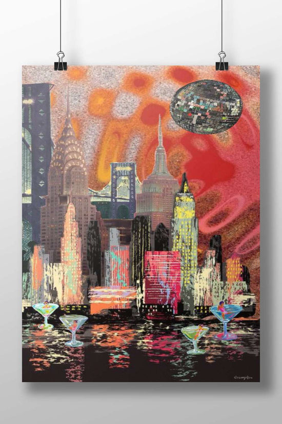 Saturday Night Fever Neon-Infused Disco Ball Skyscraper Poster – Nostalgic Digital Collage Wall Art