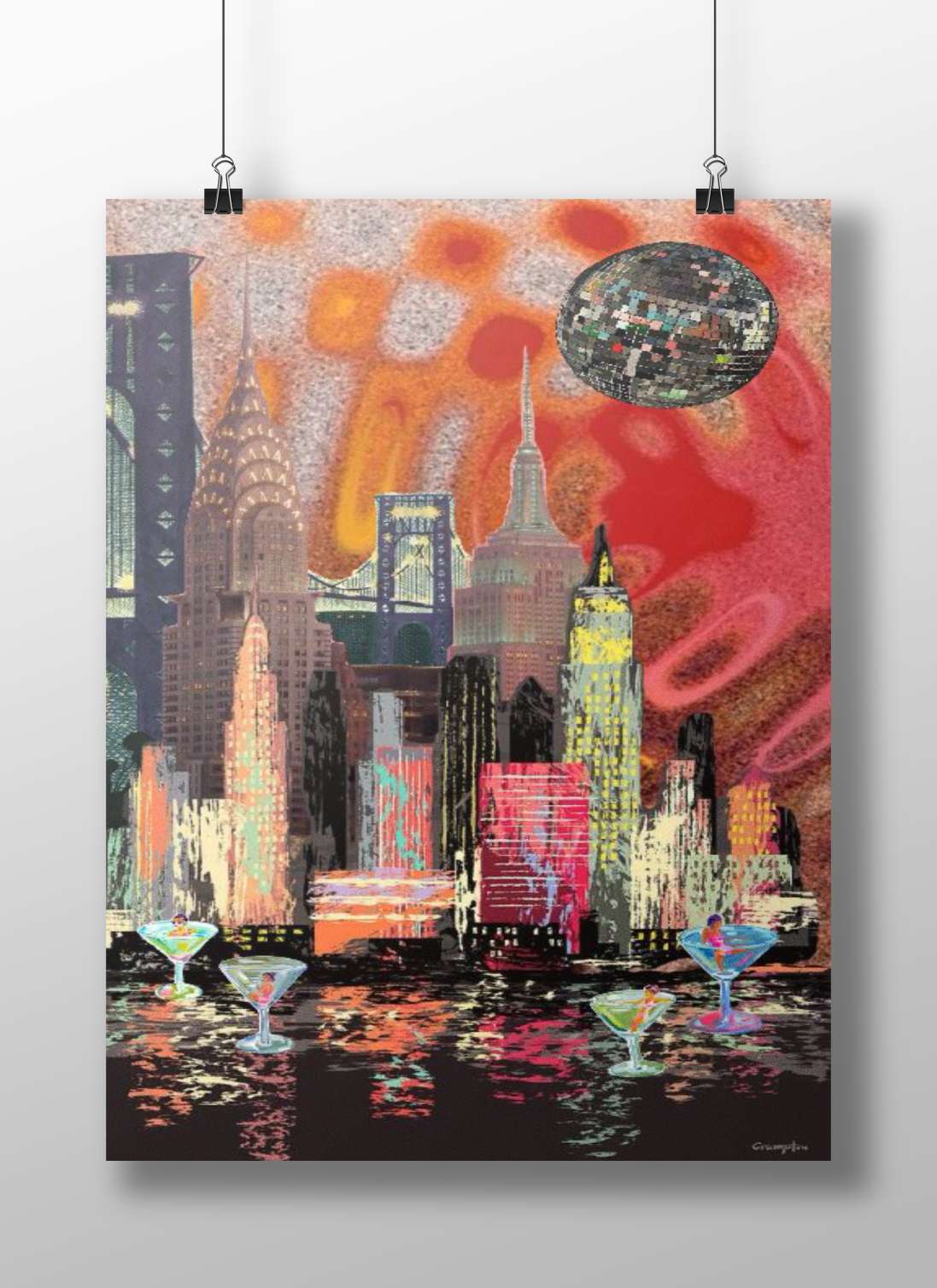 Saturday Night Fever Neon-Infused Disco Ball Skyscraper Poster – Nostalgic Digital Collage Wall Art