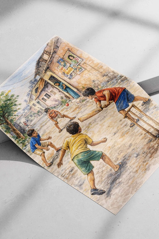 Four children engaged in a game of cricket on a cobblestone alleyway Main Subject: Four children engaged in a game of