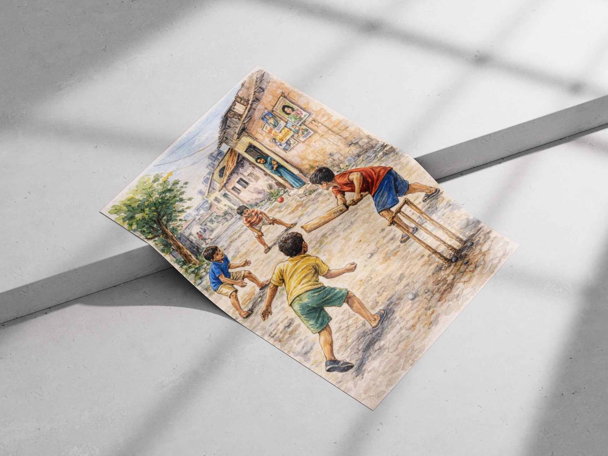 Four children engaged in a game of cricket on a cobblestone alleyway Main Subject: Four children engaged in a game of