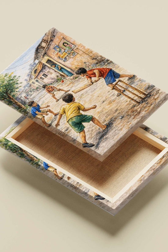 Four children engaged in a game of cricket on a cobblestone alleyway Main Subject: Four children engaged in a game of
