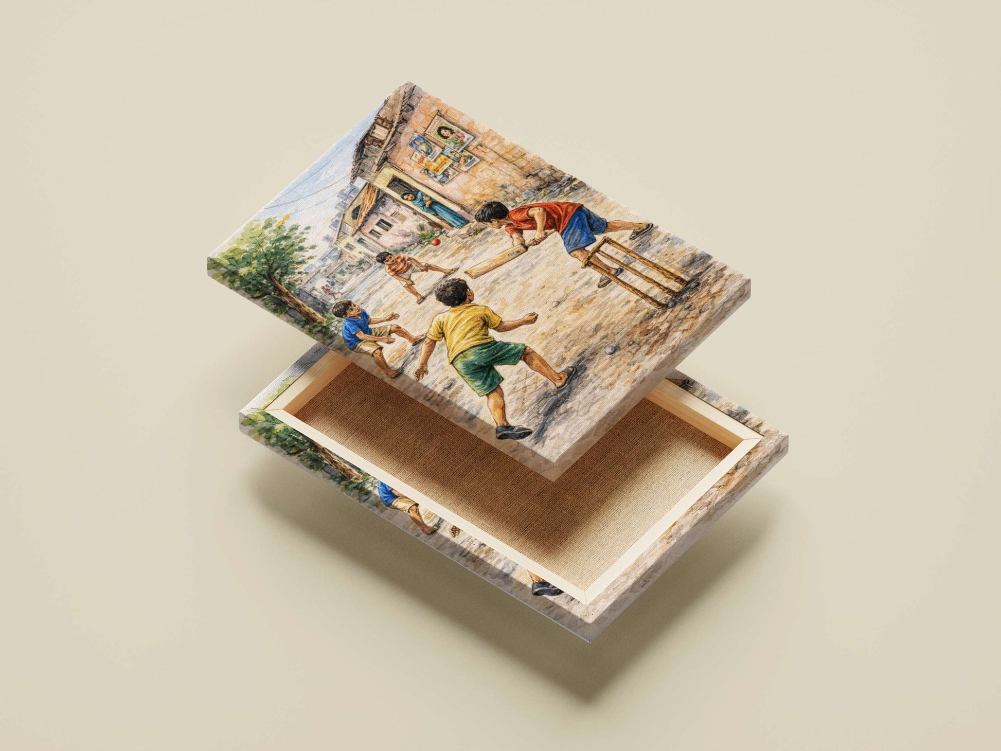Four children engaged in a game of cricket on a cobblestone alleyway Main Subject: Four children engaged in a game of