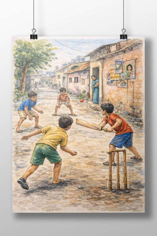 Four children engaged in a game of cricket on a cobblestone alleyway Main Subject: Four children engaged in a game of