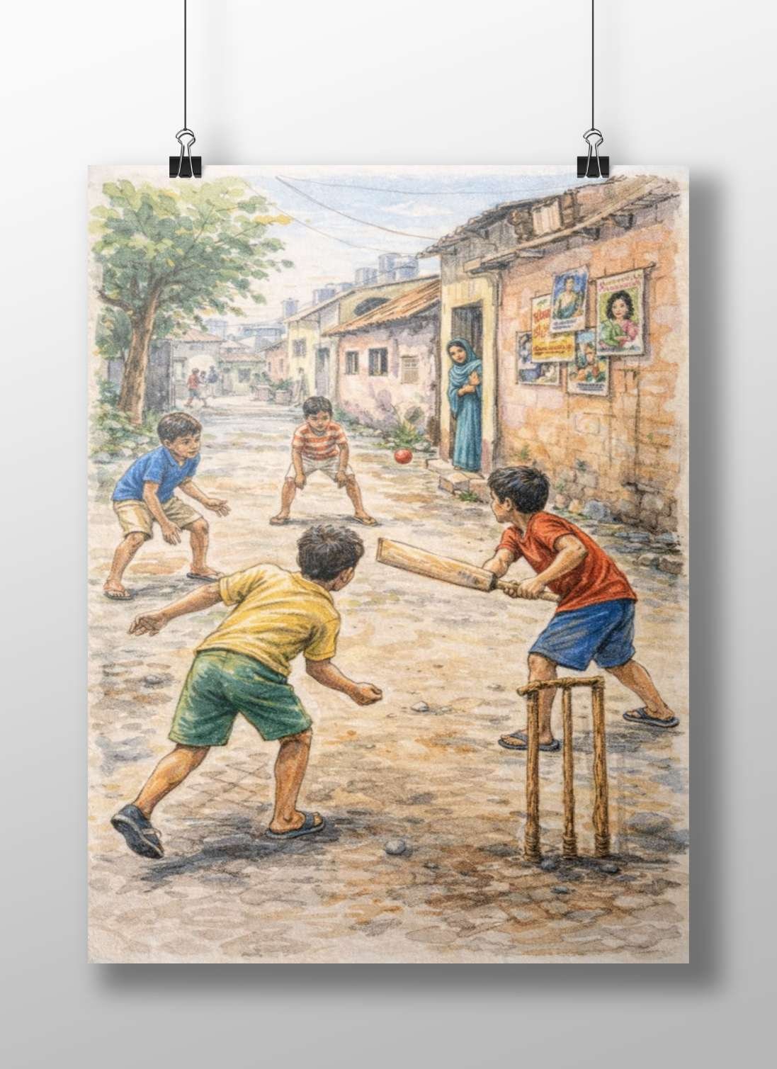 Four children engaged in a game of cricket on a cobblestone alleyway Main Subject: Four children engaged in a game of