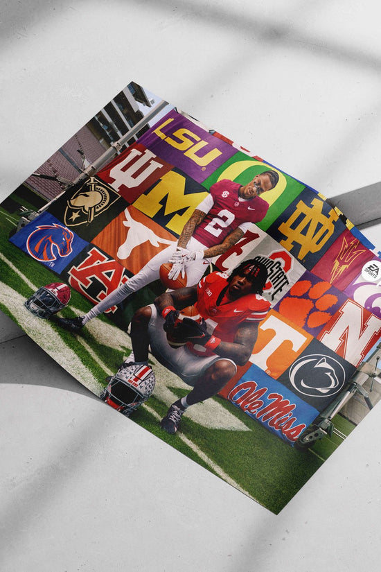 Two college football players (Ohio State and Michigan State) in a promotional EA Sports College Football 25 image Main