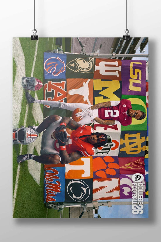 Two college football players (Ohio State and Michigan State) in a promotional EA Sports College Football 25 image Main