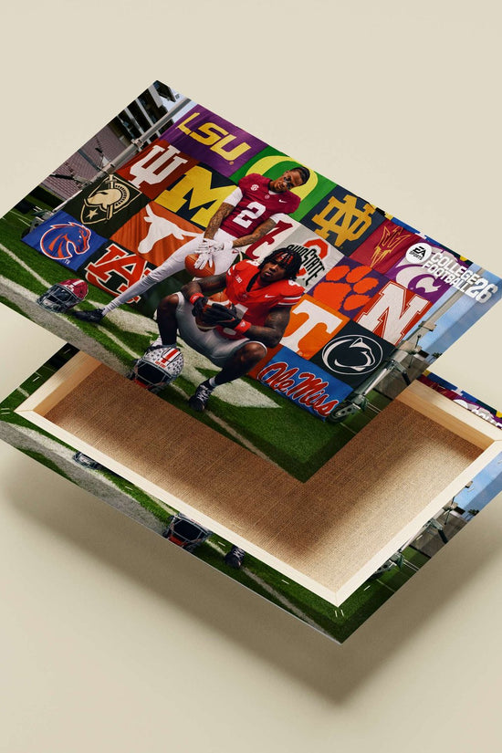 Two college football players (Ohio State and Michigan State) in a promotional EA Sports College Football 25 image Main
