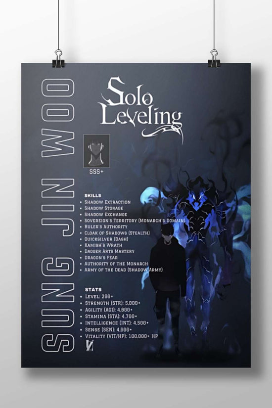 Sung Jin Woo from Solo Leveling (confirmed by "Solo Leveling" and "SUNG JIN WOO" text,