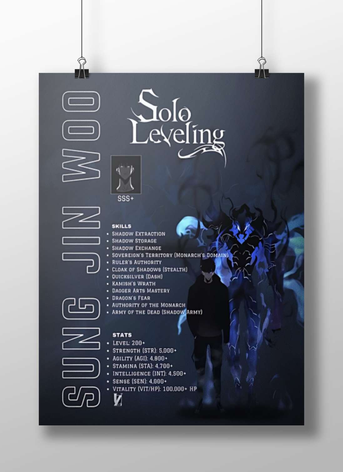 Sung Jin Woo from Solo Leveling (confirmed by "Solo Leveling" and "SUNG JIN WOO" text,