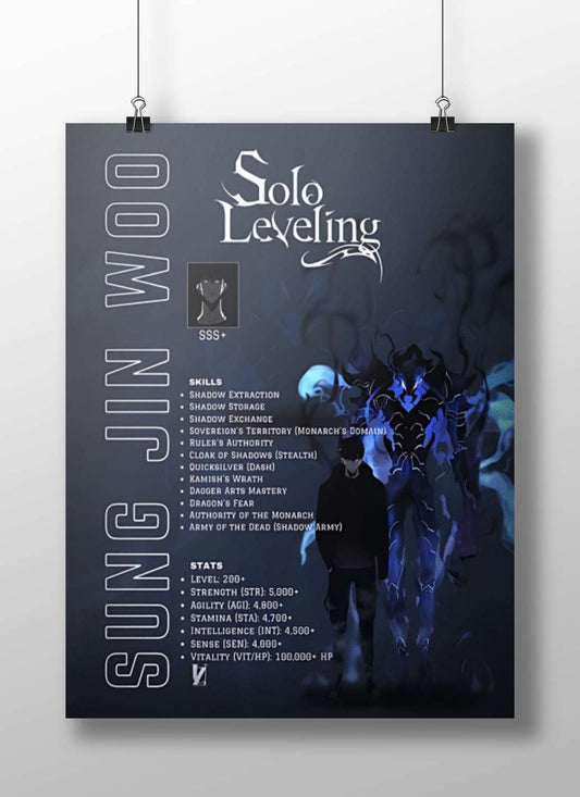 Sung Jin Woo from Solo Leveling (confirmed by "Solo Leveling" and "SUNG JIN WOO" text,