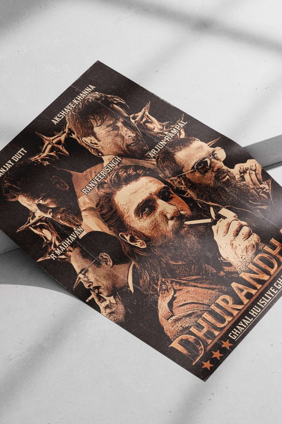 The movie poster for "Dhurandhar" featuring actors Sanjay Dutt, Akshay Kumar, Ranveer Singh, R. Madhavan, and Arjun Rampal.