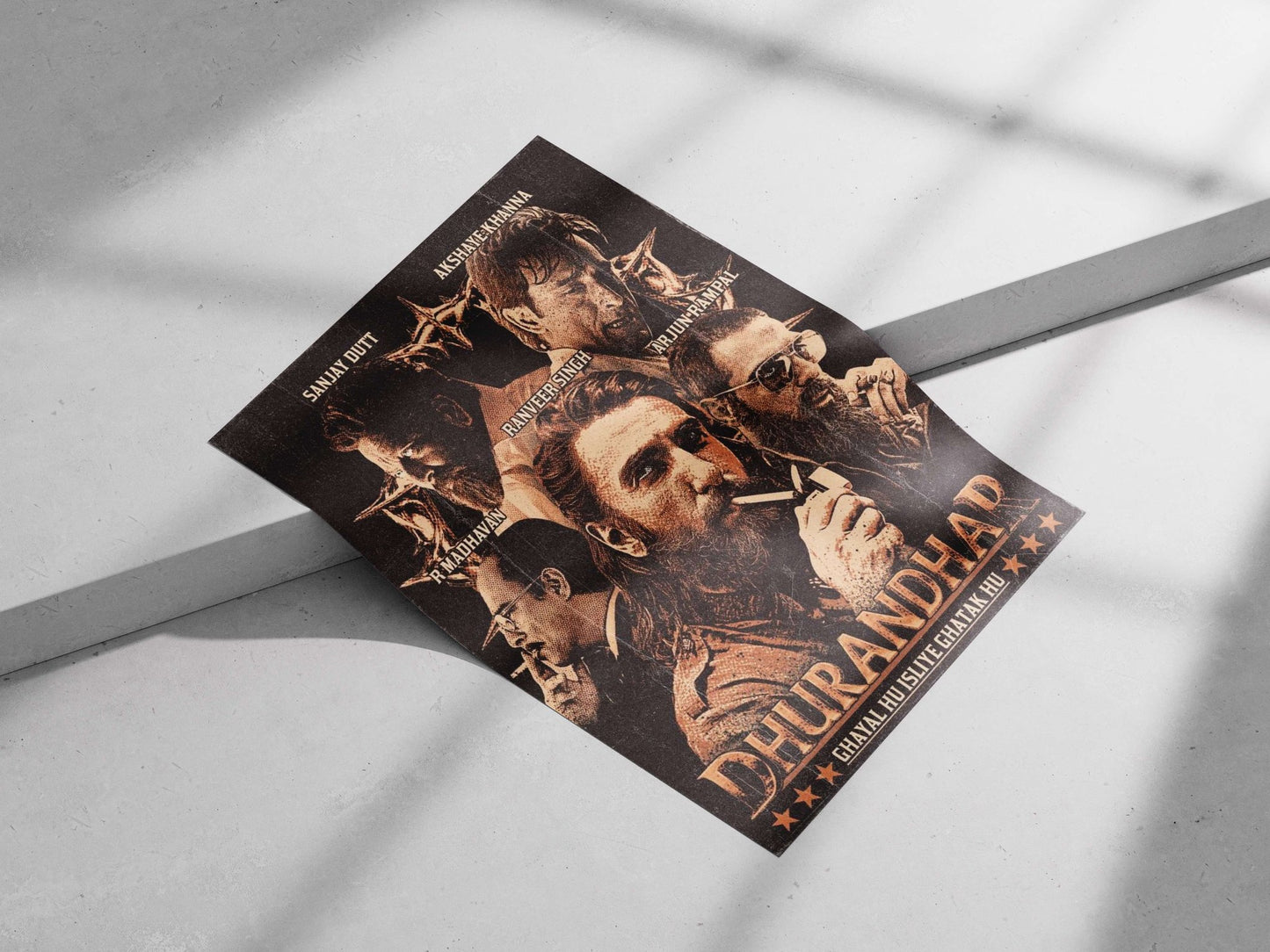 Dhurandhar movie poster featuring actors Sanjay Dutt, Akshaye Khanna, Ranveer Singh, R Madhavan, and Arjun Rampal. Main