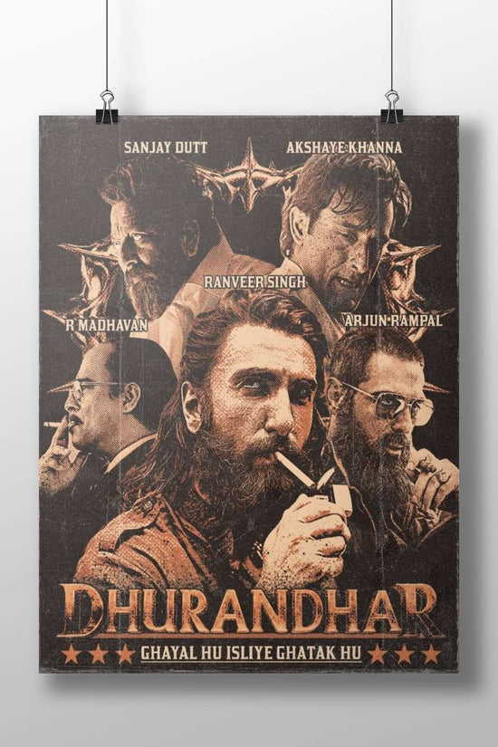 Dhurandhar movie poster featuring actors Sanjay Dutt, Akshaye Khanna, Ranveer Singh, R Madhavan, and Arjun Rampal. Main