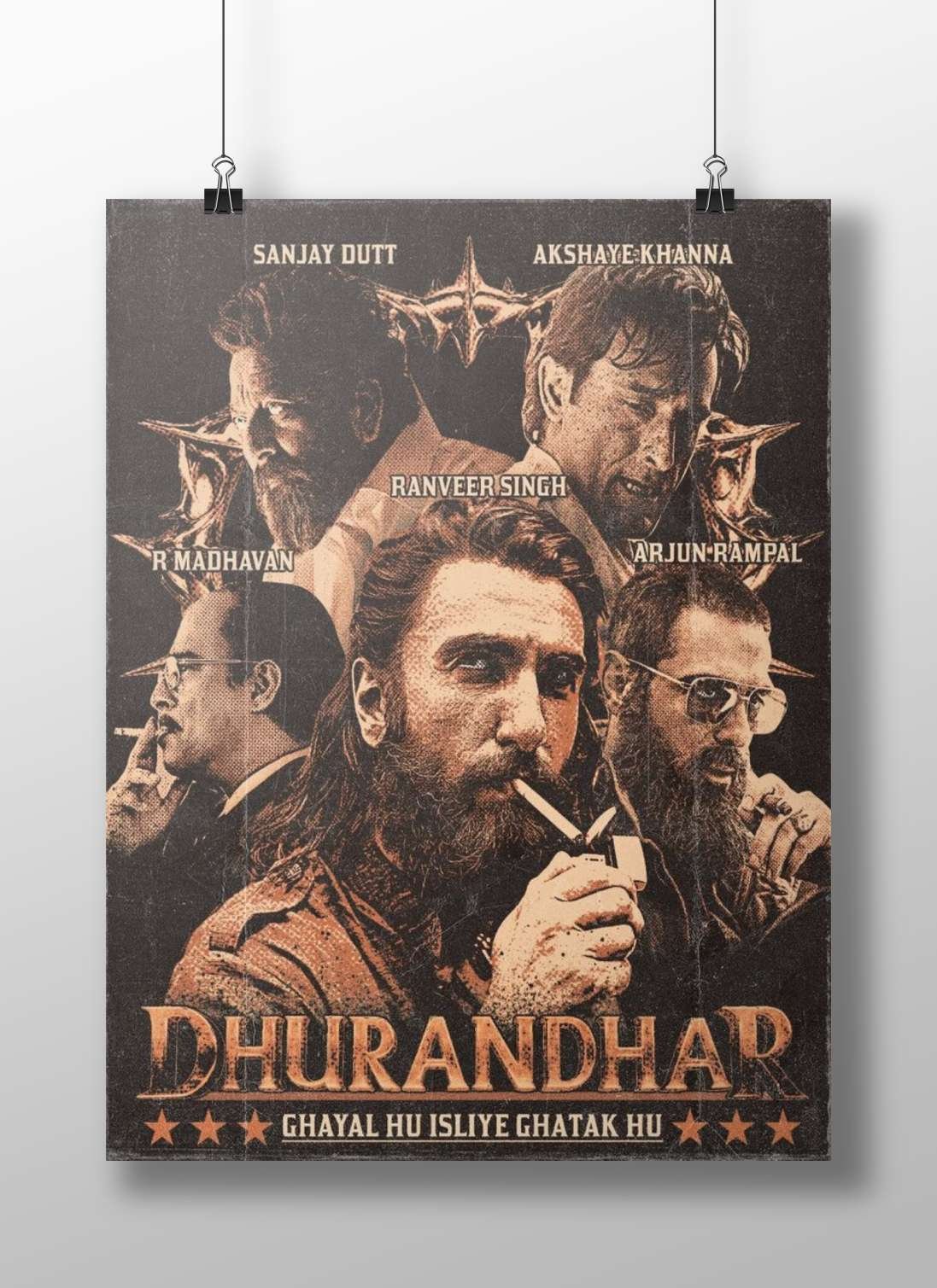 Dhurandhar movie poster featuring actors Sanjay Dutt, Akshaye Khanna, Ranveer Singh, R Madhavan, and Arjun Rampal. Main