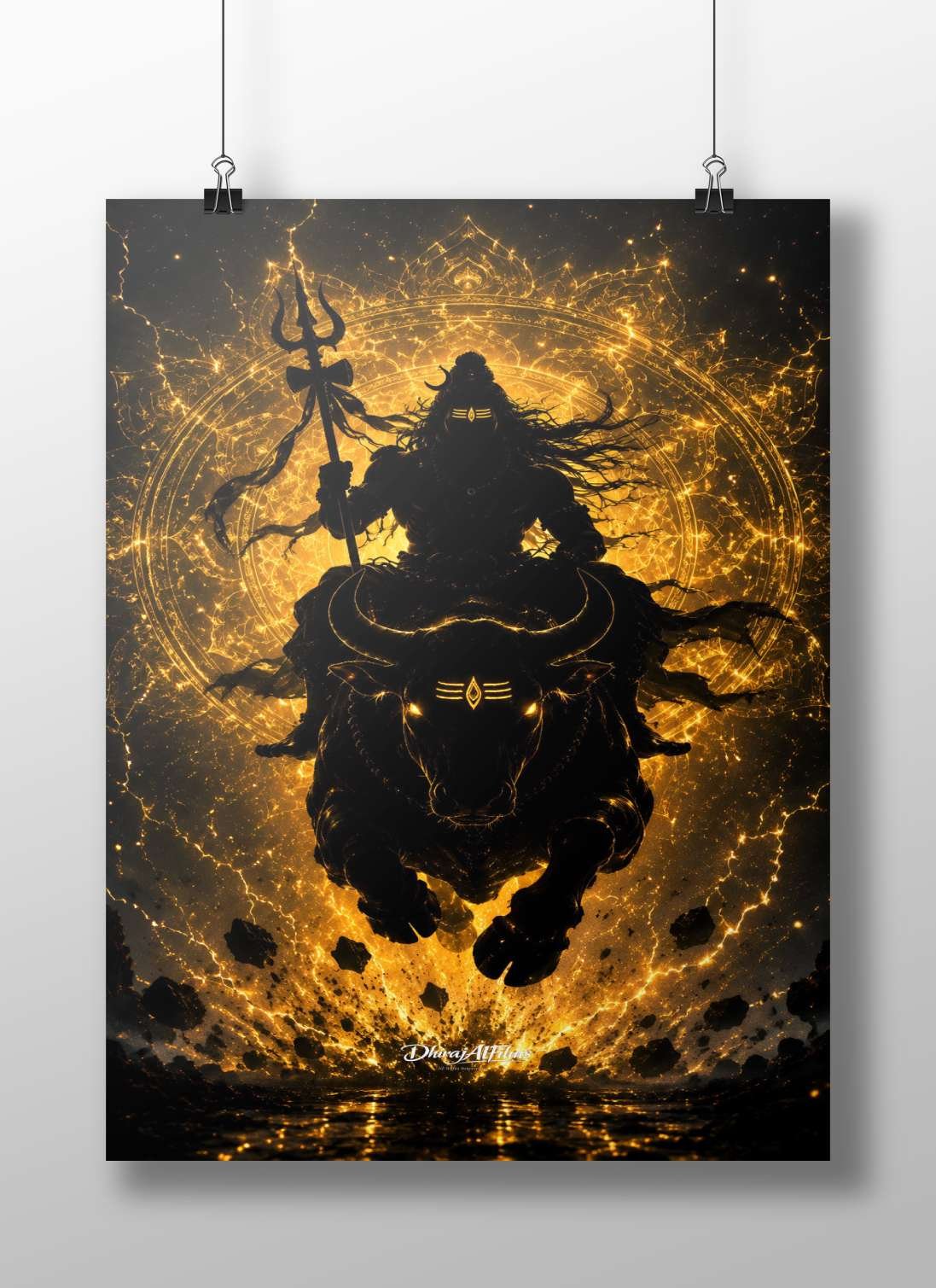 Lord Shiva riding his bull Nandi holding a trident Main Subject: Lord Shiva riding his bull Nandi holding a trident Matte