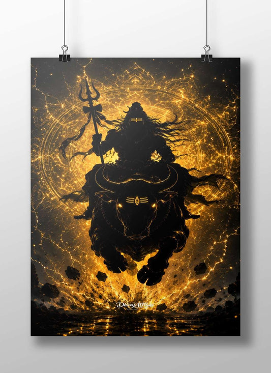 Lord Shiva riding his bull Nandi holding a trident Main Subject: Lord Shiva riding his bull Nandi holding a trident Matte