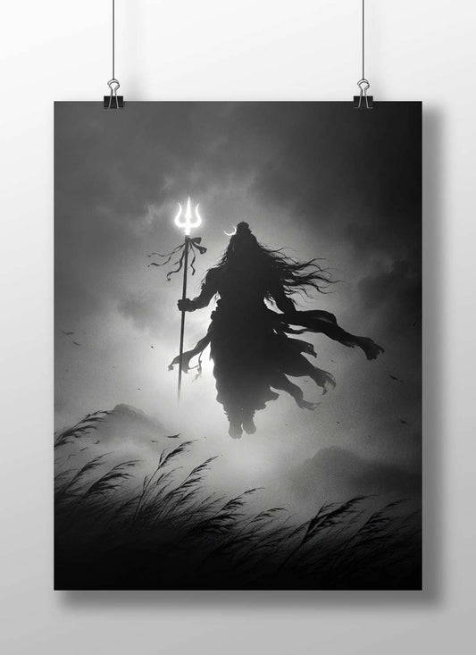 Lord Shiva (Hindu deity) with trident and crescent moon Main Subject: Lord Shiva (Hindu deity) with trident and crescent