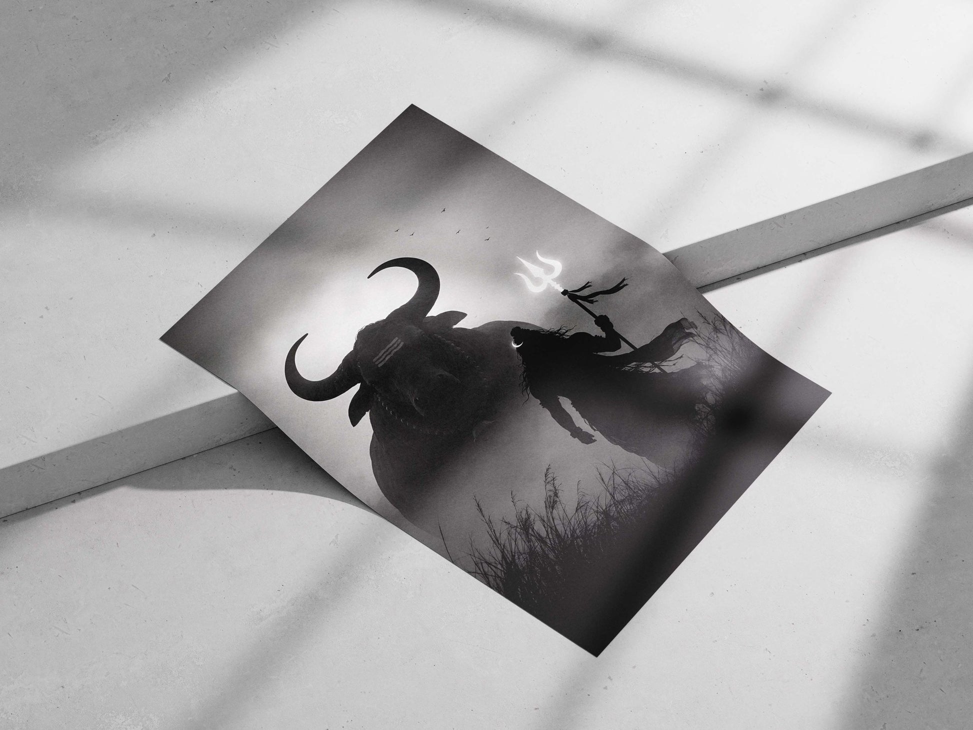 Nandi (sacred bull of Lord Shiva) and Lord Shiva (holding Trishul) Main Subject: Nandi (sacred bull of Lord Shiva) and Lord