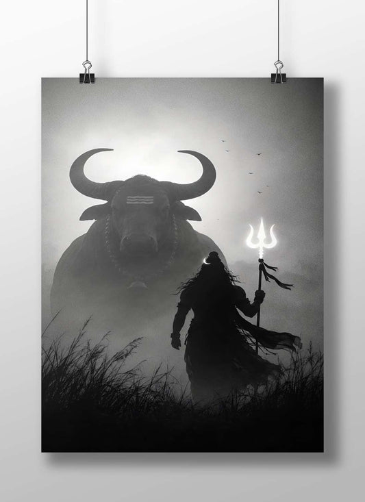 Nandi (sacred bull of Lord Shiva) and Lord Shiva (holding Trishul) Main Subject: Nandi (sacred bull of Lord Shiva) and Lord