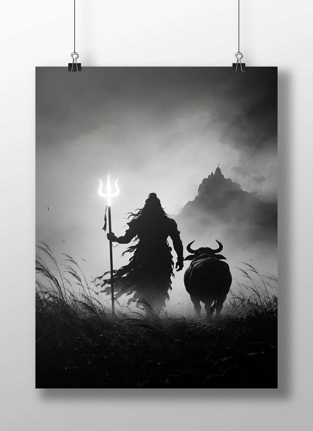 Lord Shiva (Hindu deity) holding a trident alongside Nandi bull Main Subject: Lord Shiva (Hindu deity) holding a trident