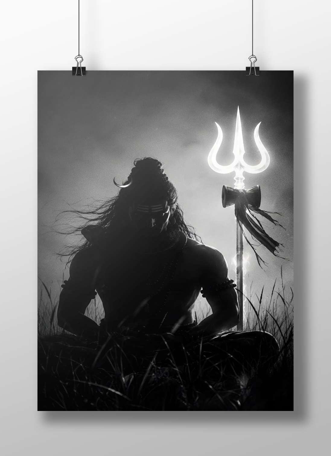 Shiva (Hindu deity with trident and crescent moon adornments) Main Subject: Shiva (Hindu deity with trident and crescent