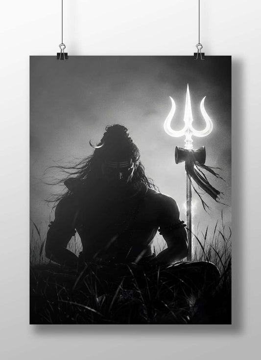 Shiva (Hindu deity with trident and crescent moon adornments) Main Subject: Shiva (Hindu deity with trident and crescent