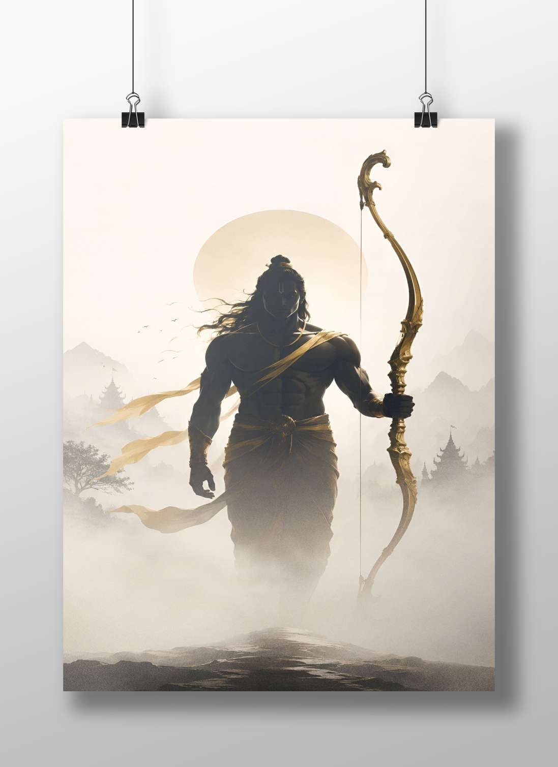 Lord Rama (a major deity in Hindu mythology, identifiable by his golden bow and traditional attire) Main Subject: Lord Rama