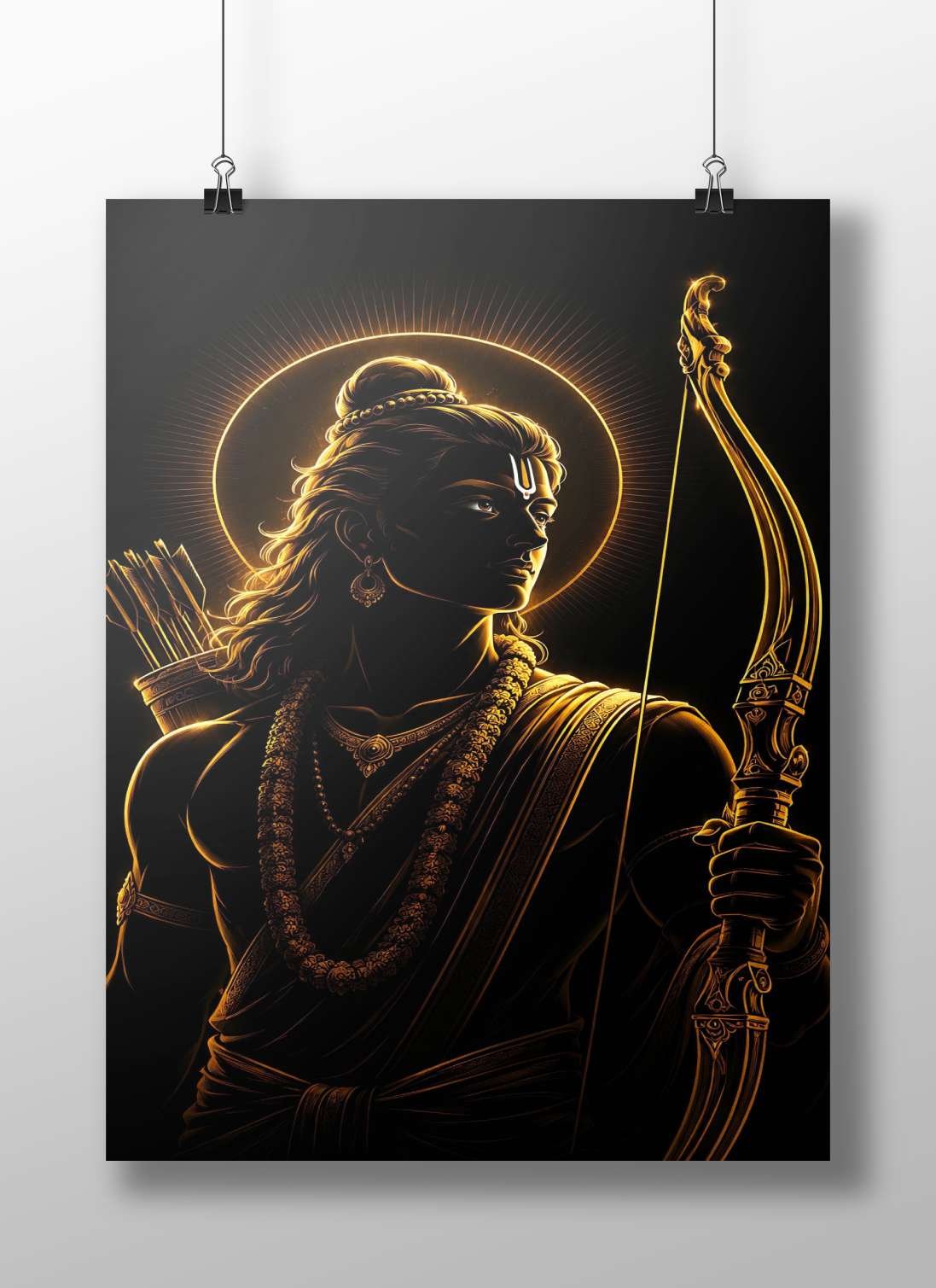 Lord Rama (a major Hindu deity depicted with a bow, arrow, and divine aura). Main Subject: Lord Rama (a major Hindu deity