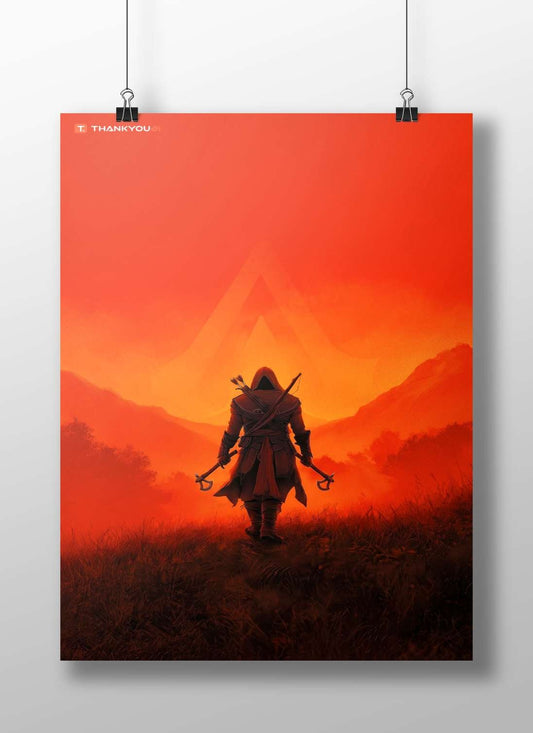 A hooded warrior inspired by the Assassin's Creed franchise. Main Subject: A hooded warrior inspired by the Assassin's Creed