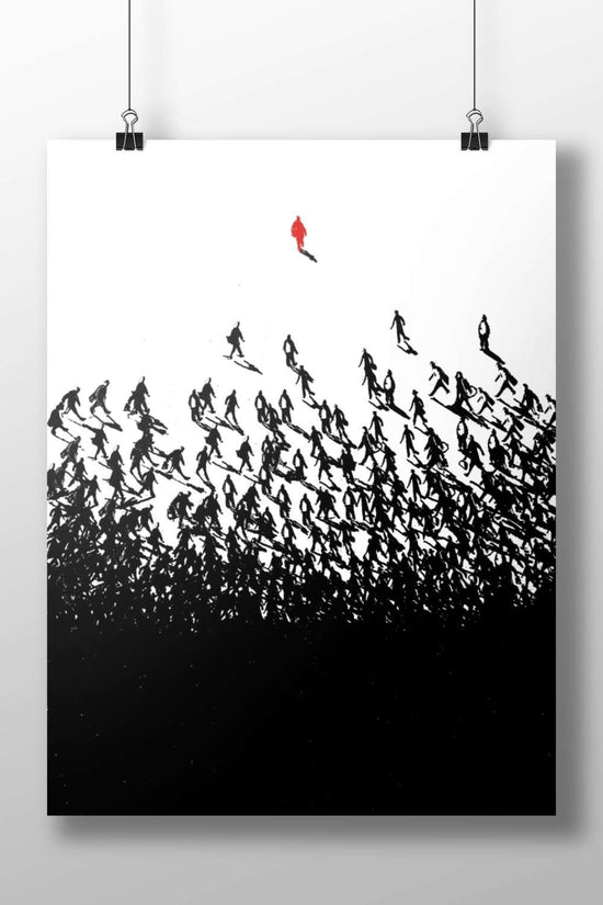 A lone red silhouette standing above a crowd of black walking silhouettes Main Subject: A lone red silhouette standing above