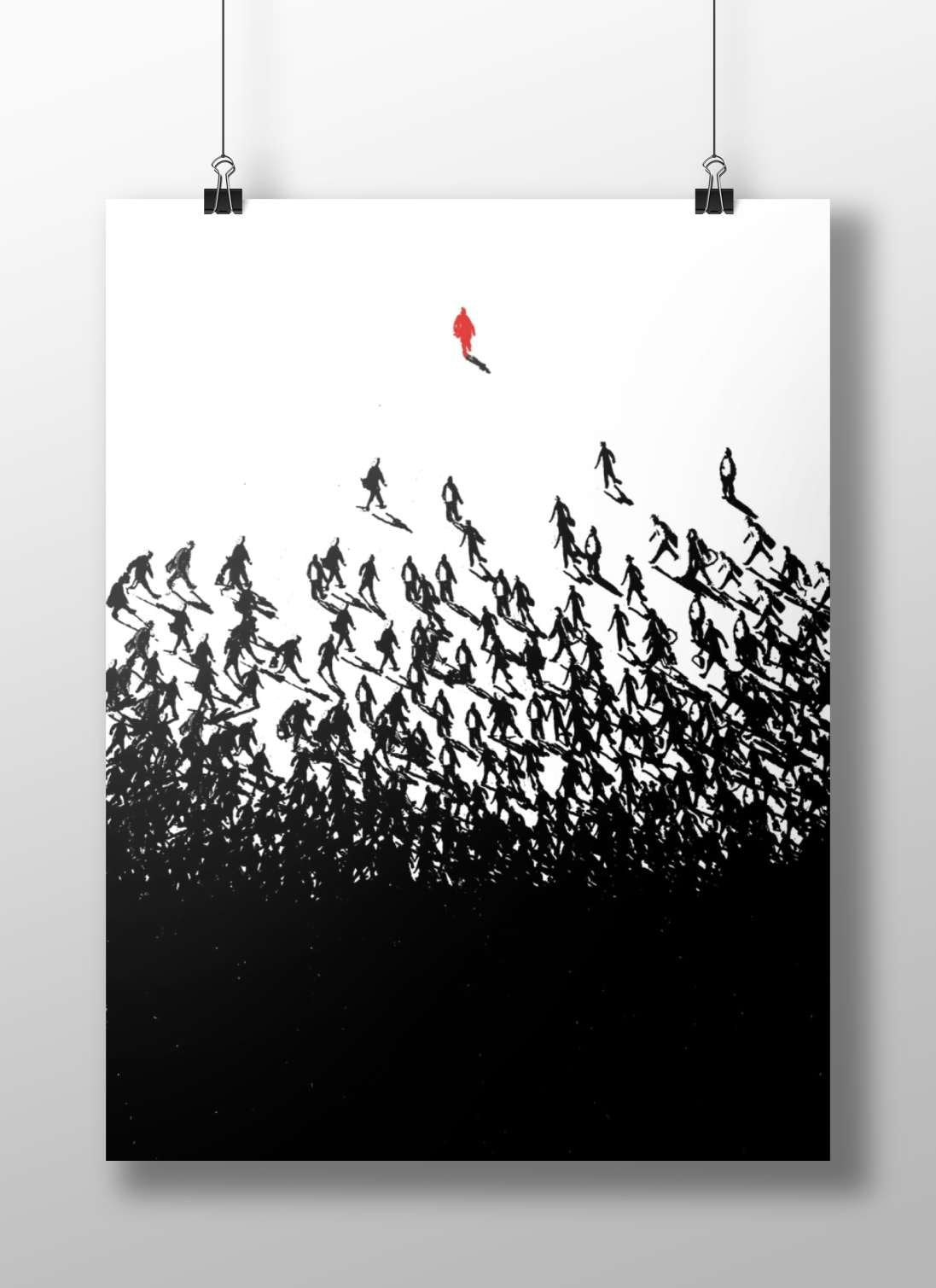 A lone red silhouette standing above a crowd of black walking silhouettes Main Subject: A lone red silhouette standing above