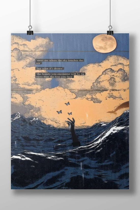 Human hand emerging from ocean waves reaching toward butterflies [Krishna Butterflies - Oceanic Wisdom Poster]
