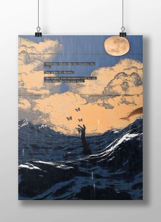 Human hand emerging from ocean waves reaching toward butterflies [Krishna Butterflies - Oceanic Wisdom Poster]