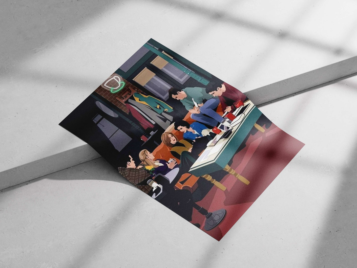 The main characters (Chandler Bing, Monica Geller, Rachel Green, Phoebe Buffay, Joey Tribbiani, and Ross Geller) from the TV