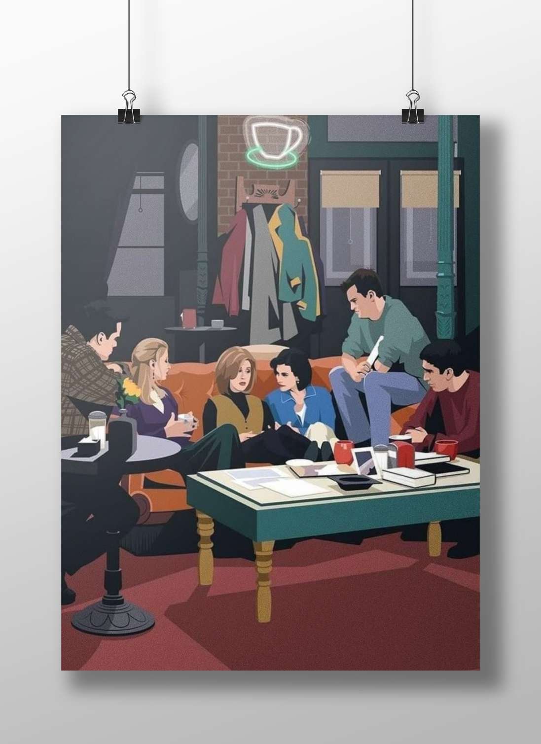 The main characters (Chandler Bing, Monica Geller, Rachel Green, Phoebe Buffay, Joey Tribbiani, and Ross Geller) from the TV