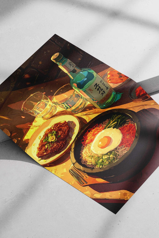 Bibimbap, Bulgogi, and Soju bottle Main Subject: Bibimbap, Bulgogi, and Soju bottle Matte poster print — Art wall art India