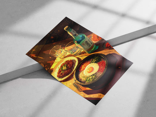 Bibimbap, Bulgogi, and Soju bottle Main Subject: Bibimbap, Bulgogi, and Soju bottle Matte poster print — Art wall art India
