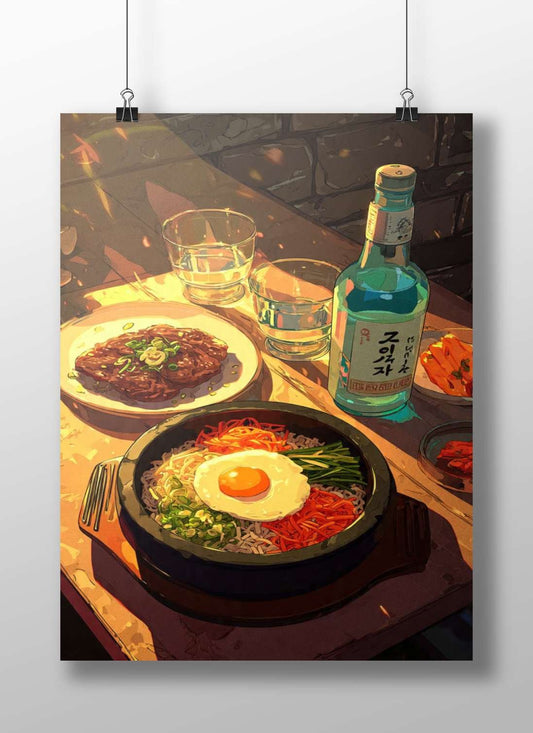 Bibimbap, Bulgogi, and Soju bottle Main Subject: Bibimbap, Bulgogi, and Soju bottle Matte BoizzBoard rigid print — Art wall