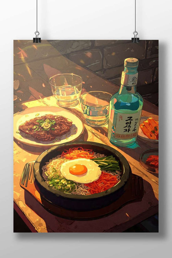Bibimbap, Bulgogi, and Soju (Korean food and drink) Main Subject: Bibimbap, Bulgogi, and Soju (Korean food and drink) Matte