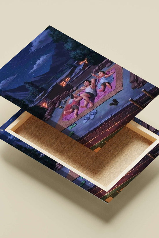 Three children lounging on a rooftop in a mountainous village at night Main Subject: Three children lounging on a rooftop in
