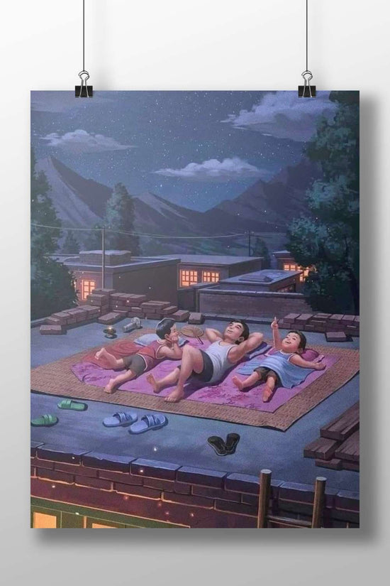 Three children lounging on a rooftop in a mountainous village at night Main Subject: Three children lounging on a rooftop in