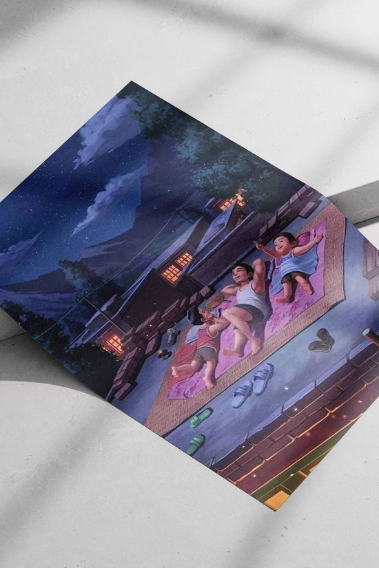 Three children lounging on a rooftop in a mountainous village at night Main Subject: Three children lounging on a rooftop in