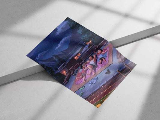 Three children lounging on a rooftop in a mountainous village at night Main Subject: Three children lounging on a rooftop in
