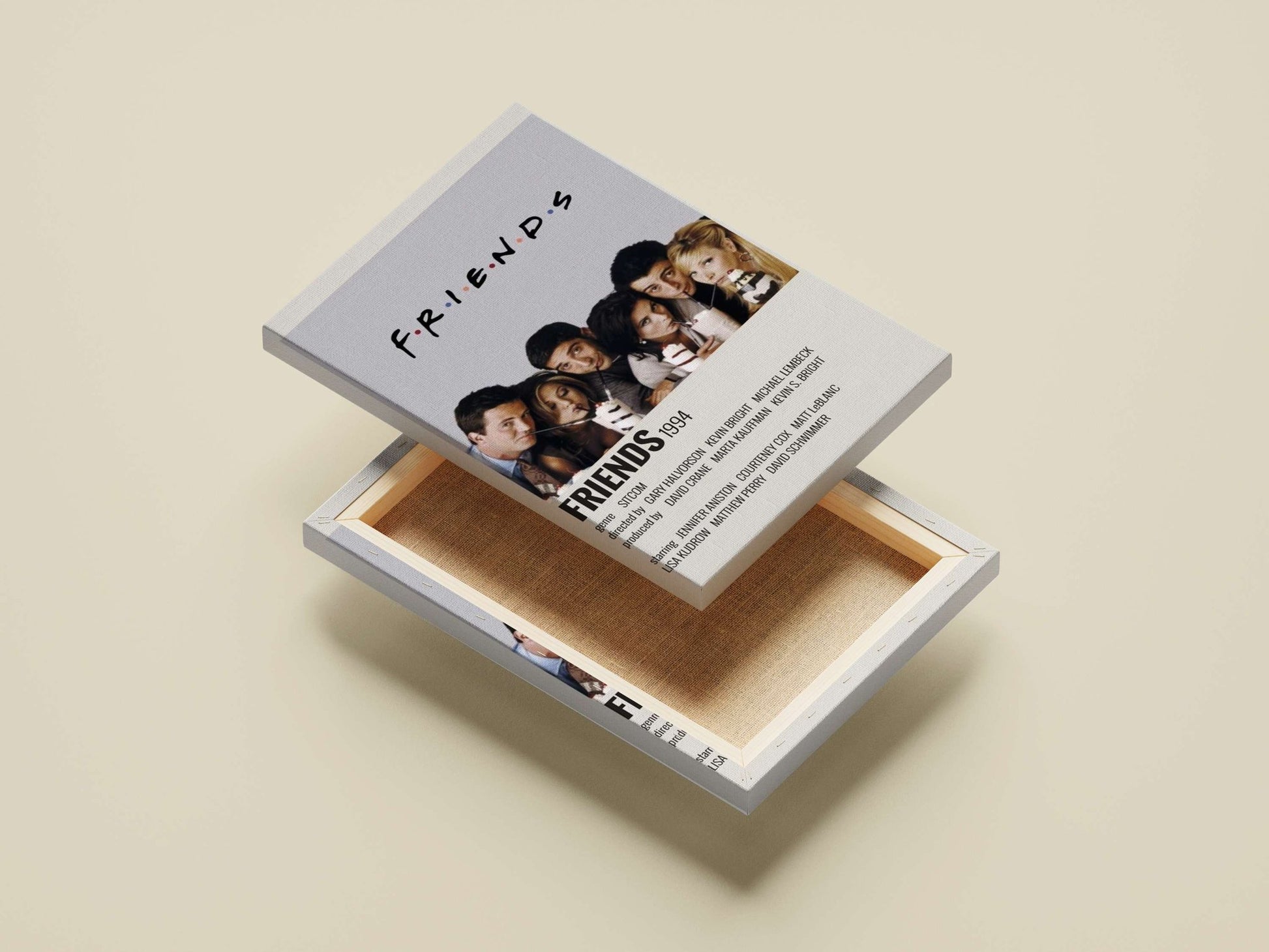 The TV show franchise "Friends" (1994) with real cast names (Jennifer Aniston, Courteney Cox, Matt LeBlanc, Lisa Kudrow,